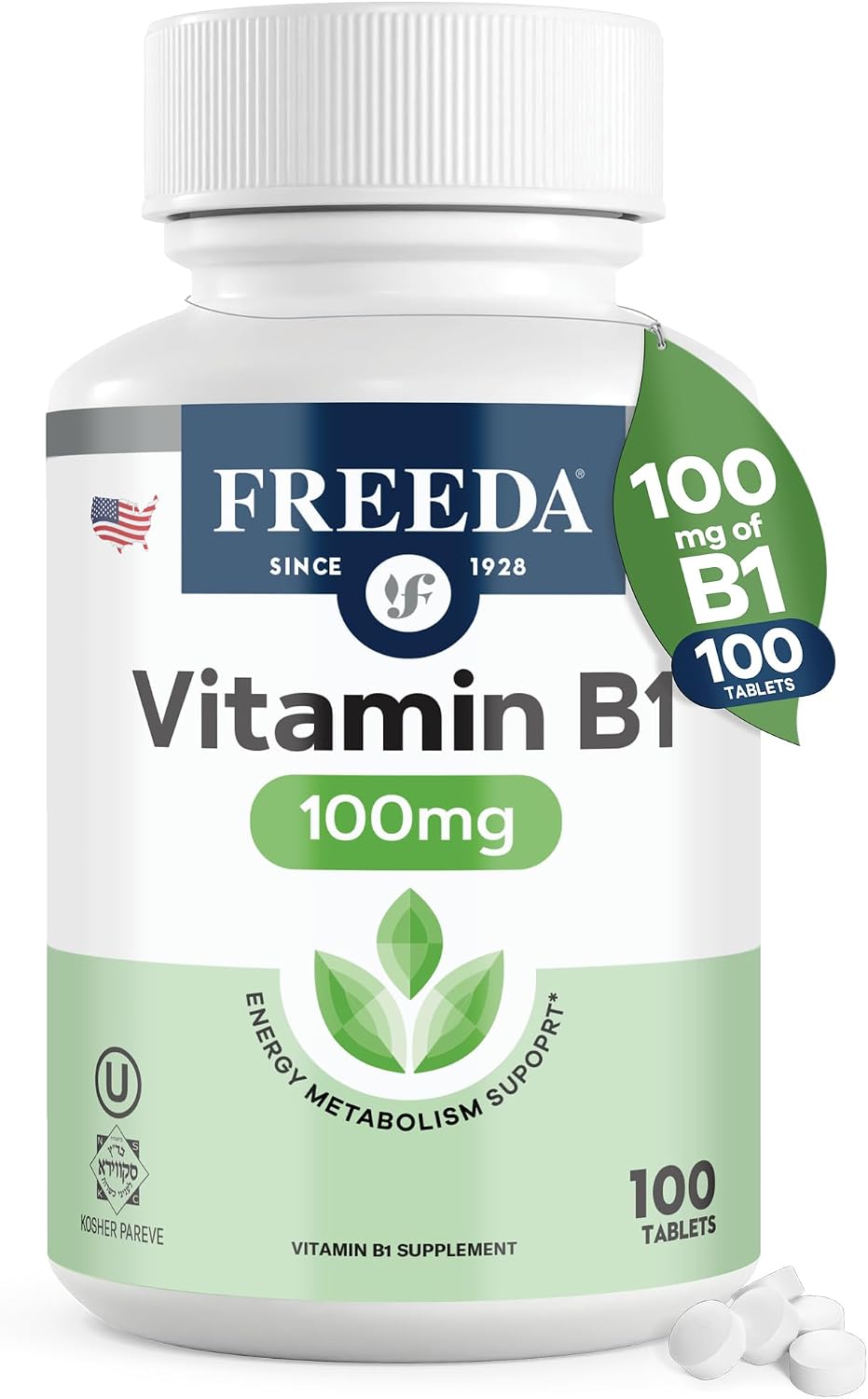 Freeda Vitamin B1 Thiamine 100mg - Supports Energy Metabolism, Nervous System Health - Kosher, Vegan, Gluten Free - Thiamin HCl 100 mg Vitamin B 1 - Pure Vit B1 Vitamin Thiamine B1 Supplement (100 Ct) | Energy Metabolism & Nervous System Health Support –