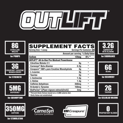 Nutrex Outlift Clinically Dosed Pre Workout Powder with Creatine, 8G Citrulline, BCAA