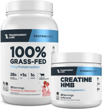 Transparent Labs Grass-Fed Whey Protein Isolate (30 Servings, Strawberry Milkshake) & Creatine HMB (30 Servings, Unflavored)