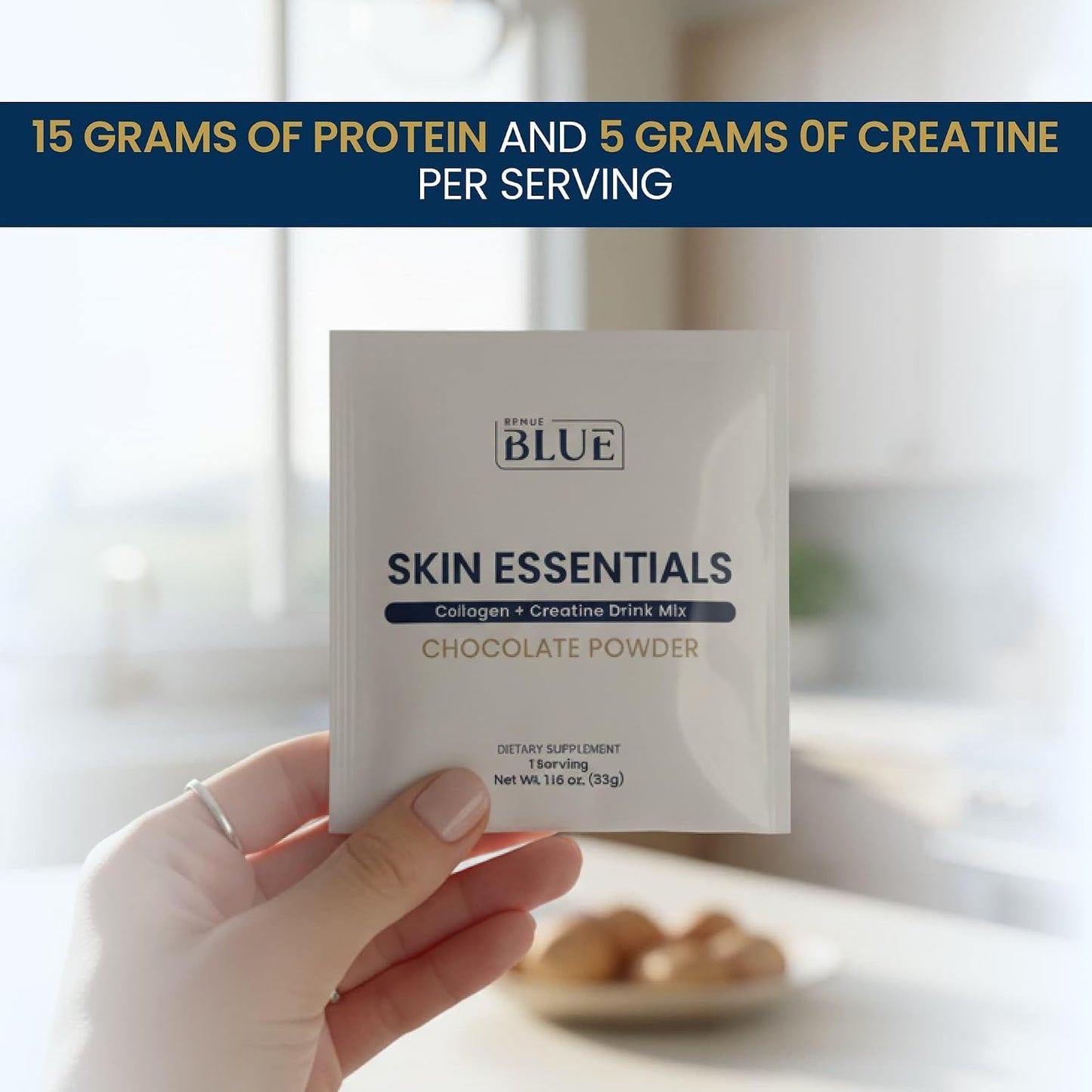 Renue Blue Skin Essentials Chocolate Drink Mix | Collagen Peptides Creatine & Protein Powder | Collagen (12g) Creatine (5g) Protein (15g) per Serving | Skin Hydration & Elasticity Support | 15 Sachets
