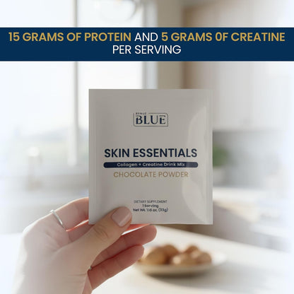 Renue Blue Skin Essentials Chocolate Drink Mix | Collagen Peptides Creatine & Protein Powder | Collagen (12g) Creatine (5g) Protein (15g) per Serving | Skin Hydration & Elasticity Support | 15 Sachets