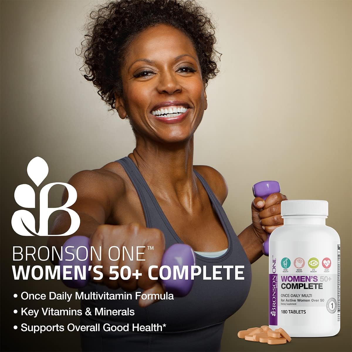 Bronson ONE Daily Women 50+ Complete Multivitamin Multimineral, 180 Tablets | Once-Daily, Targeted Nutrition For Active Women Over 50, Non-GMO, Gluten-Free, Soy-Free