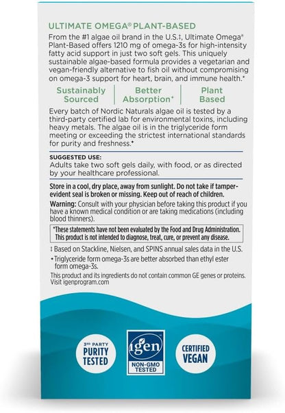 Nordic Naturals Vegan Omega-3, Algae-Based - 1210mg EPA+DHA - 60 Soft Gels | Plant-Based EPA & DHA. Brain & Heart Support. Lemon Flavor. Made from Algae. Non-GMO. Vegan. 30 Servings.