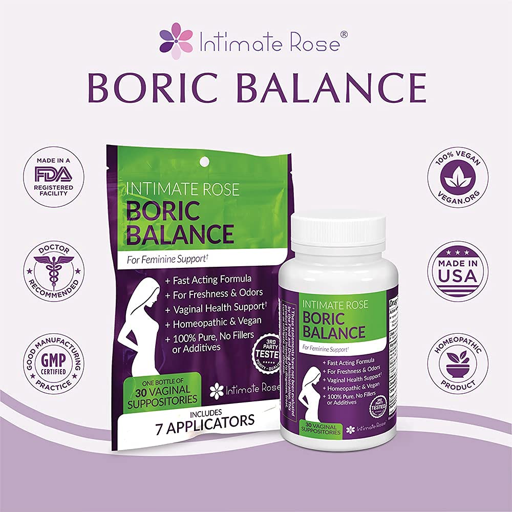 Intimate Rose Boric Acid Vaginal Suppositories - 30 Count (600mg) + 37 Applicators - Feminine Balance