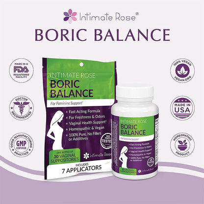 Intimate Rose Boric Acid Vaginal Suppositories - 30 Count (600mg) + 37 Applicators - Feminine Balance