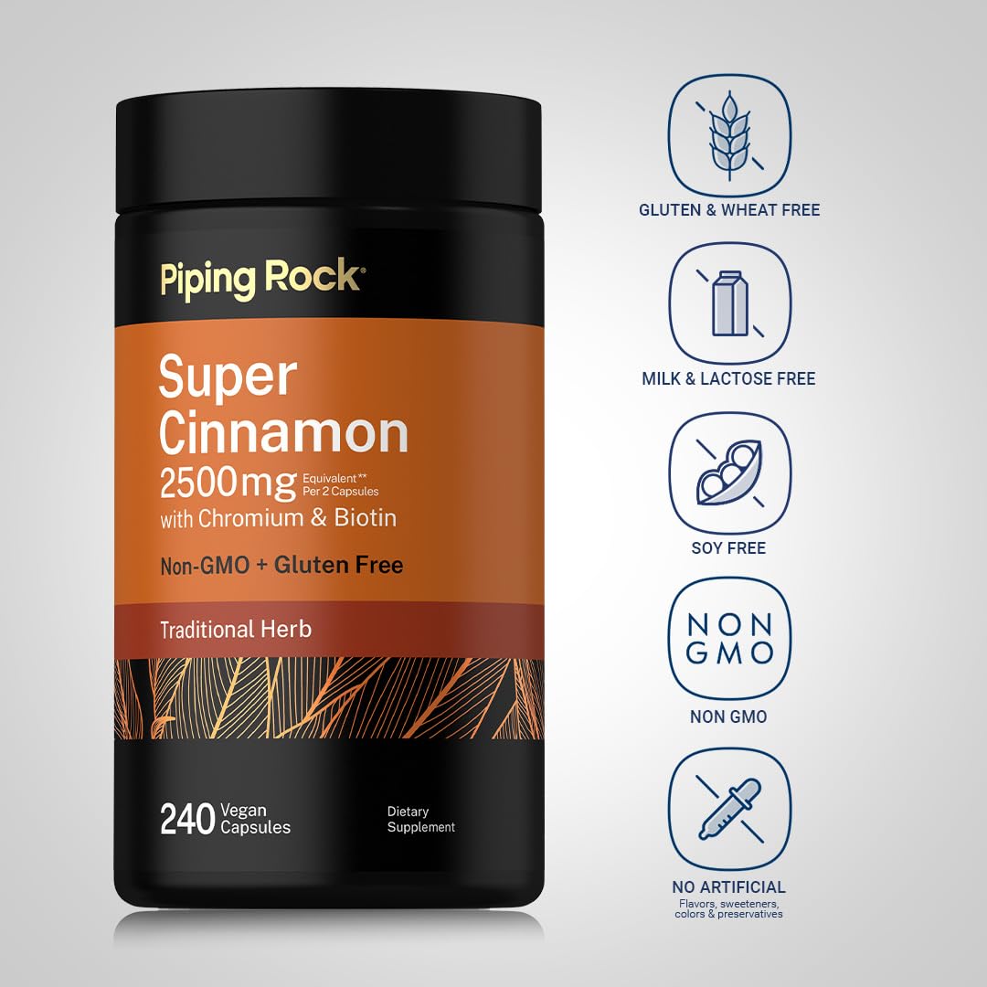 Piping Rock Ceylon Cinnamon Capsules | 120 Pills | Complex Supplement with Chromium and Biotin | Vegetarian, Non-GMO, Gluten Free