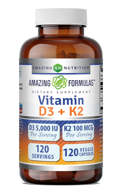 Amazing Formulas Vitamin D3 5000 IU with Vitamin K2 100 Mcg| 250 Veggie Capsules | D3 + K2 Complex | Non-GMO | Gluten Free | Made in USA