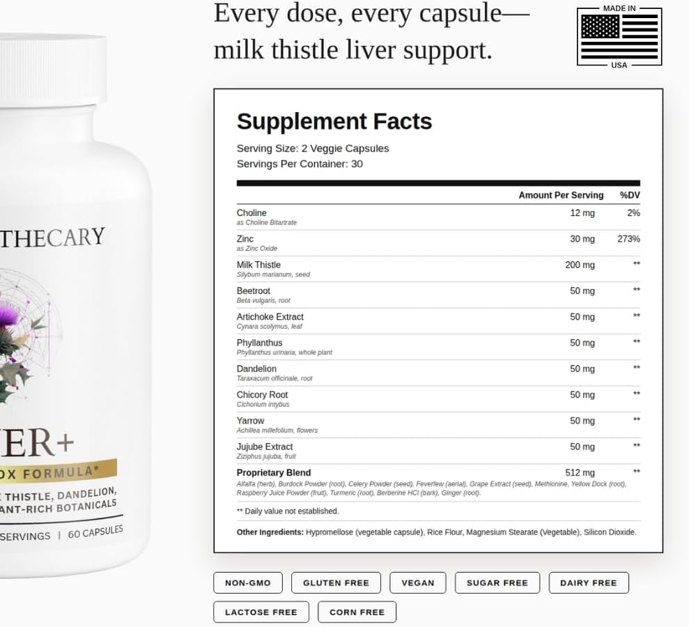 Liver Detox & Support Supplement with Milk Thistle 200mg Dandelion Root Artichoke - 22 Ingredient Liver Health Formula with Zinc Choline Turmeric Berberine - 60 Vegan Capsules