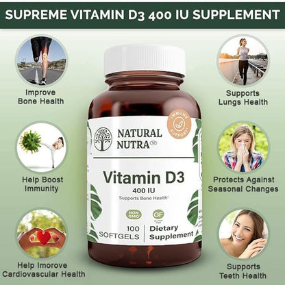 Natural Nutra Vitamin D3 400 IU Softgels, Gluten-Free Vitamin D, 100 Count | Supports Immune Function, Bone & Teeth Support, Cardiovascular Support
