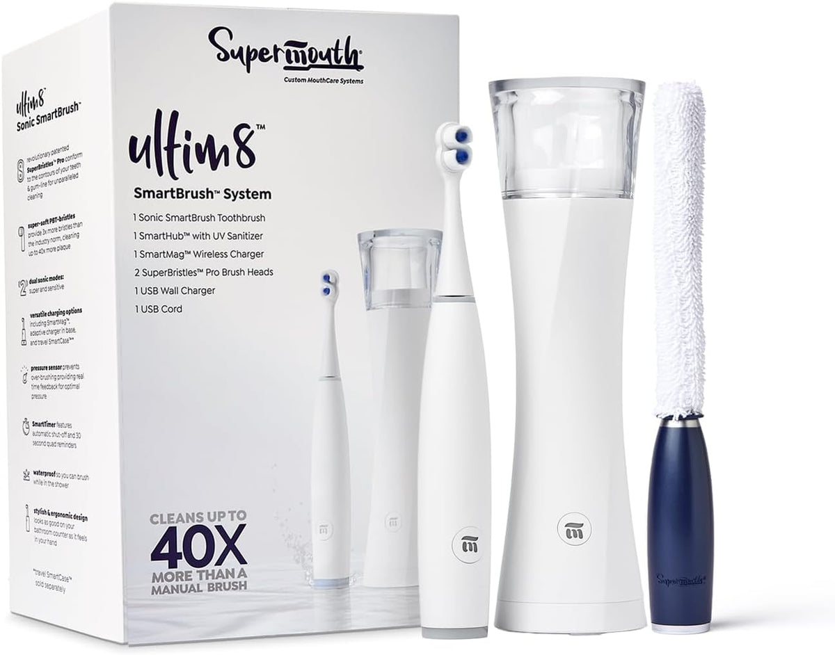 SuperMouth ULTIM8 Bundle - SmartBrush Electric Toothbrush+ SmartHub UV Sanitizer & Dryer + HubMate Microfiber Cleaning Tool - SuperBristles Clean 40X Better - Hygienic Maintenance Kit - Pearly White
