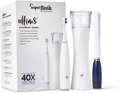 SuperMouth ULTIM8 Bundle - SmartBrush Electric Toothbrush+ SmartHub UV Sanitizer & Dryer + HubMate Microfiber Cleaning Tool - SuperBristles Clean 40X Better - Hygienic Maintenance Kit - Pearly White