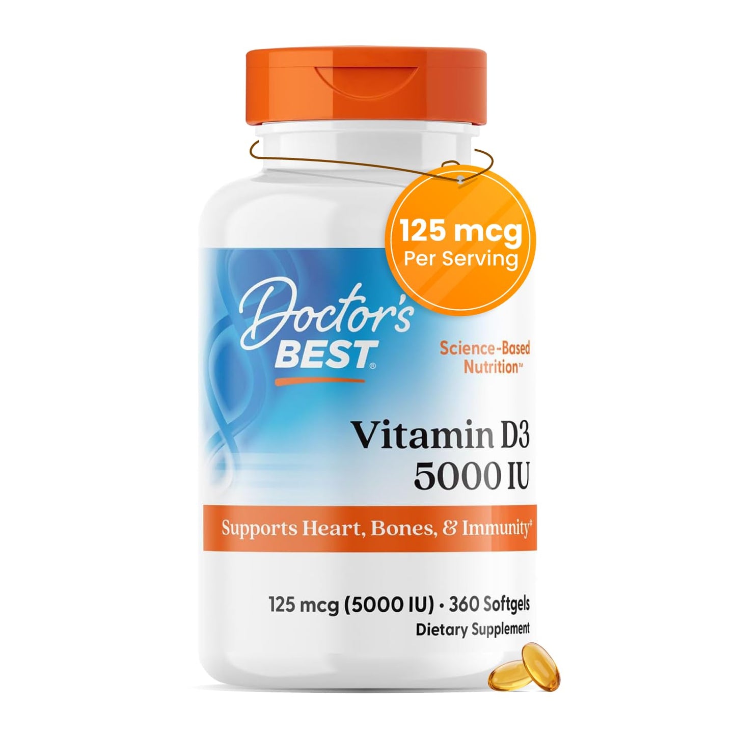Doctor's Best Vitamin D3 5000 IU Softgels for Men & Women - Vitamin D Supplement for Immune System & Heart Health Support, 125 mcg per Serving, Vit D 3, Non GMO, Gluten Free, Soy Free - 360 Softgels
