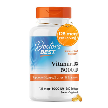 Doctor's Best Vitamin D3 5000 IU Softgels for Men & Women - Vitamin D Supplement for Immune System & Heart Health Support, 125 mcg per Serving, Vit D 3, Non GMO, Gluten Free, Soy Free - 360 Softgels