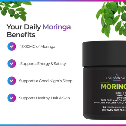 Livingood Daily Moringa Capsules, Moringa Supplement for Energy, Sleep, Satiety, Hair, Skin, Nails & Wellness, Plant Based Vegetarian, Gluten Free, Non GMO, Vegan, Daily Greens Superfood, 60 Capsules