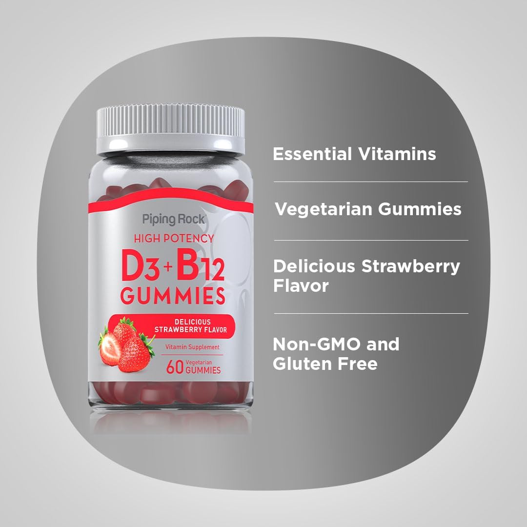 Piping Rock Vitamin D3 and B12 Gummies | 60 Count | Supplement for Women and Men | High Potency | Strawberry Flavor | Vegetarian, Non-GMO, Gluten Free