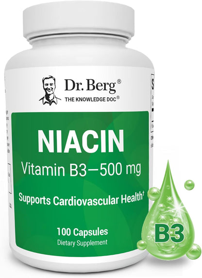 Dr. Berg Highly-Potent Niacin 500 mg – Now Only 125 mg per Capsule for Niacin Flush Tolerance Building – Gradually Increase to 500mg a Day – Vitamin B3 for Heart, Brain & Energy Support – 100 Capsules