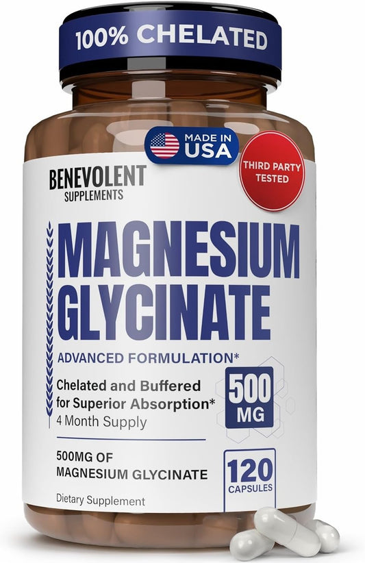Premium Magnesium Capsules 500mg, High Absorption Formula Chelated Buffered Citrate to Support Digestion, Bone, Sleep & Muscle Health – Magnesium Glycinate - 120 Capsules
