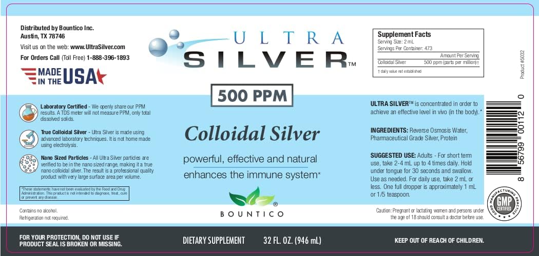 Ultra Silver® Colloidal Silver | 500 PPM, 32 Oz (946mL) | Mineral Supplement | True Colloidal Silver - 4 oz Dropper Bottle (Empty) Included for Dispensing!