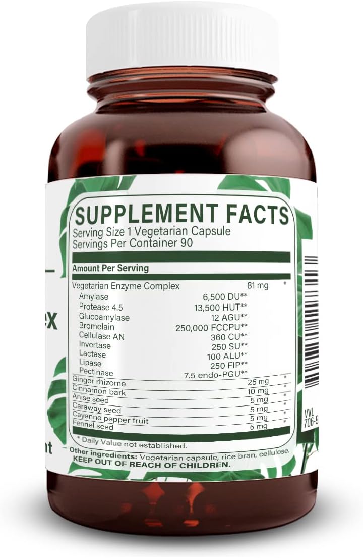 Natural Nutra Plant-Based Digestive Enzyme Complex, 90 Count | Herbal Ingredients, Ginger, Fennel & Cinnamon, Vegan Capsules