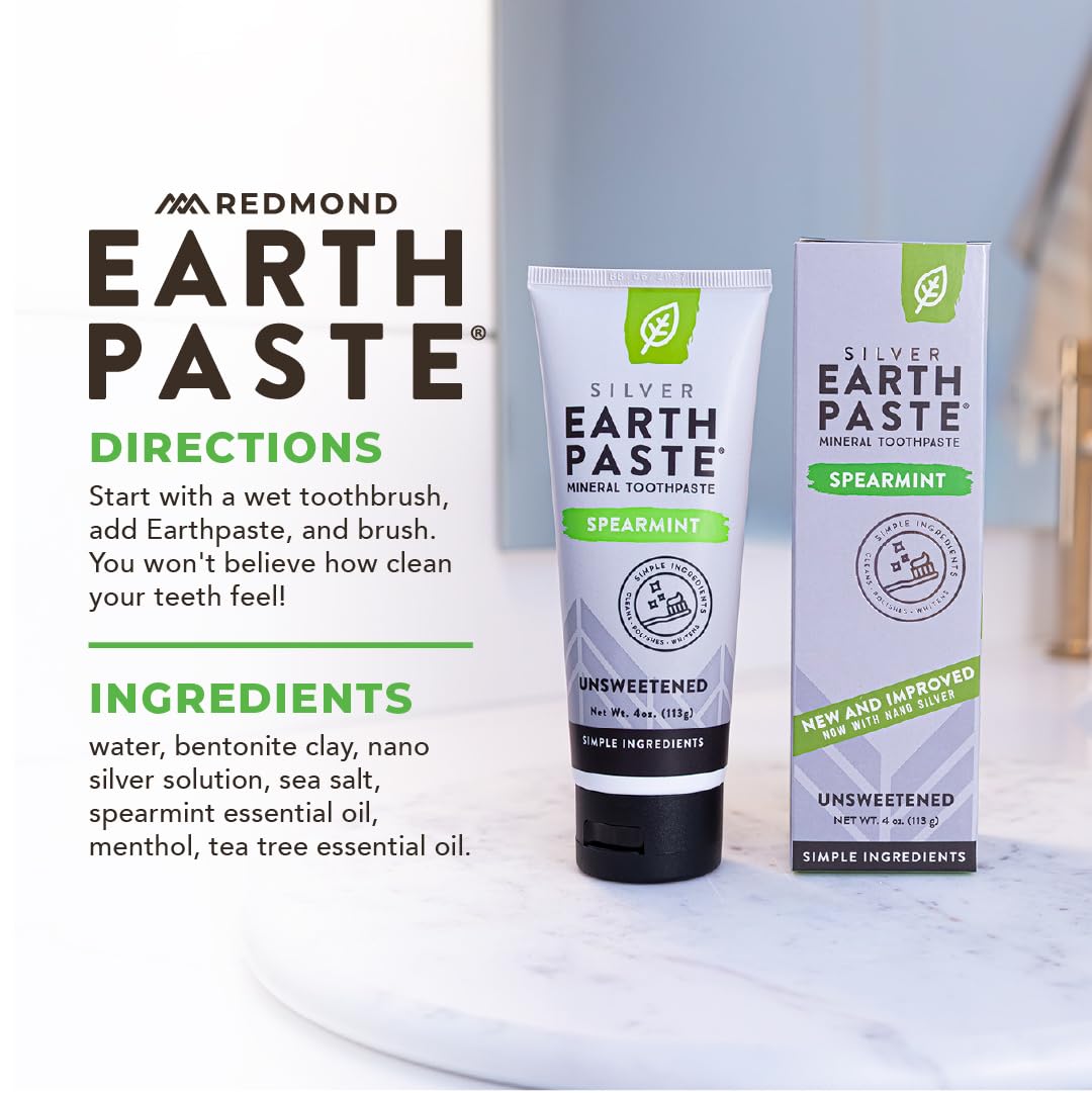 Redmond Earthpaste with Silver - Natural Non-Fluoride Toothpaste, 4 Ounce Tube (Peppermint)