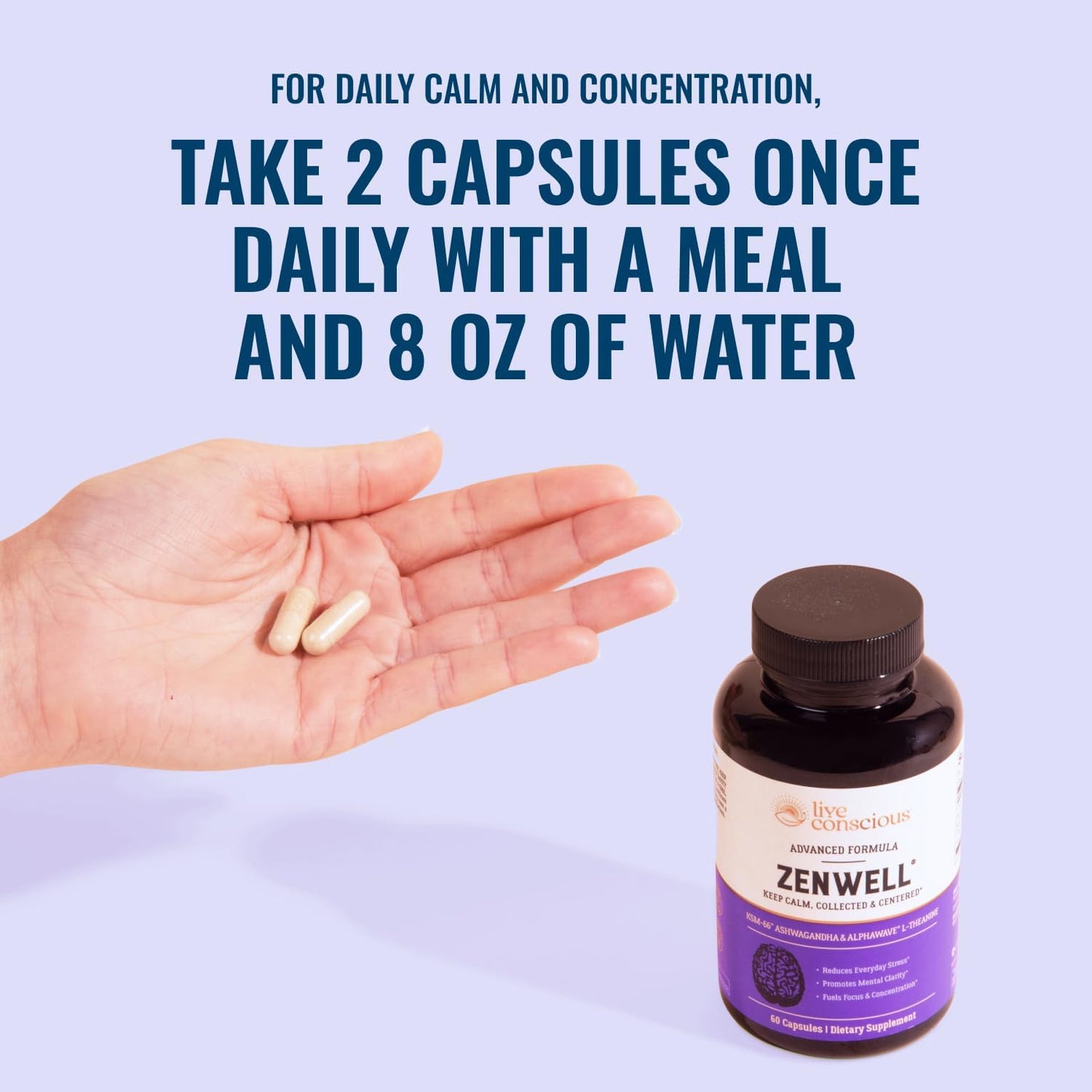 Live Conscious KSM-66 Ashwagandha Supplement w/L Theanine & AlphaWave - ZenWell Everyday Stress Relief, Cognitive, Brain Health - Ashwagandha for Men & Women - 60 Capsules