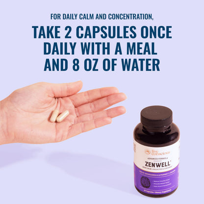 Live Conscious KSM-66 Ashwagandha Supplement w/L Theanine & AlphaWave - ZenWell Everyday Stress Relief, Cognitive, Brain Health - Ashwagandha for Men & Women - 60 Capsules