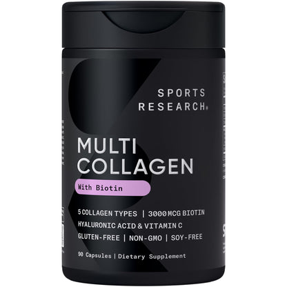 Sports Research® Multi Collagen Pills for Women & Men - Collagen Peptides (Type I, II, III, V, X) Enhanced with Hyaluronic Acid & Vitamin C - Gluten Free · Non-GMO - 90 Capsules
