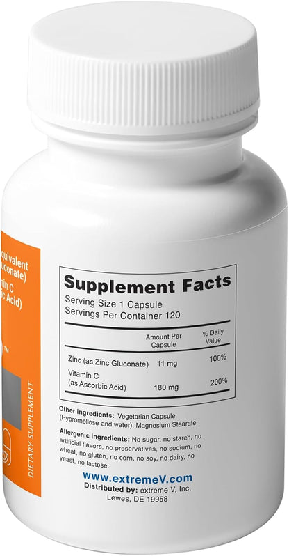 Zinc MG11+VC Immune Formula | Zinc Gluconate 11mg + Vitamin C 180mg | 120 Dye-Free Vegetarian Capsules