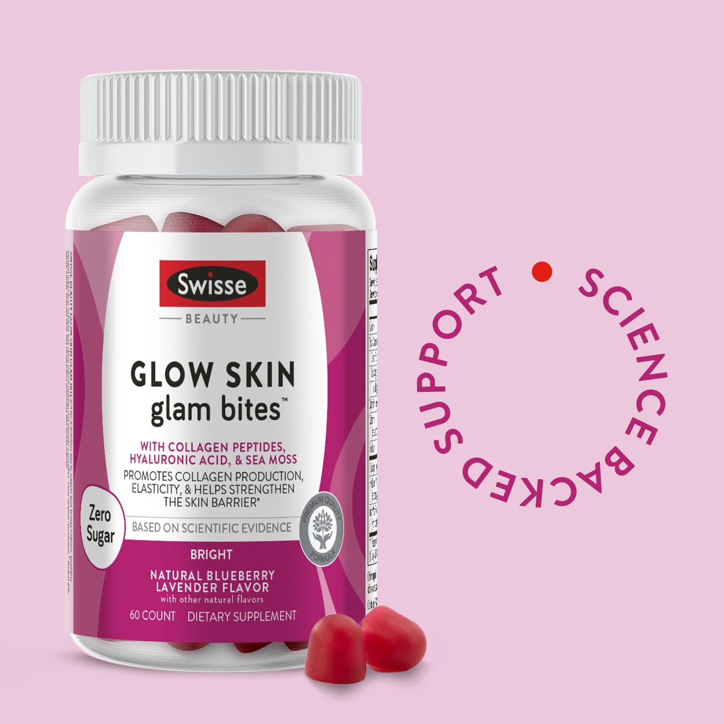 Swisse Glow Skin Glam Bites – Collagen Peptides, Hyaluronic Acid & Sea Moss – Supports Skin Elasticity & Hydration – Zero Sugar Gummies for Adults – Blueberry Lavender Flavor, 60 Count