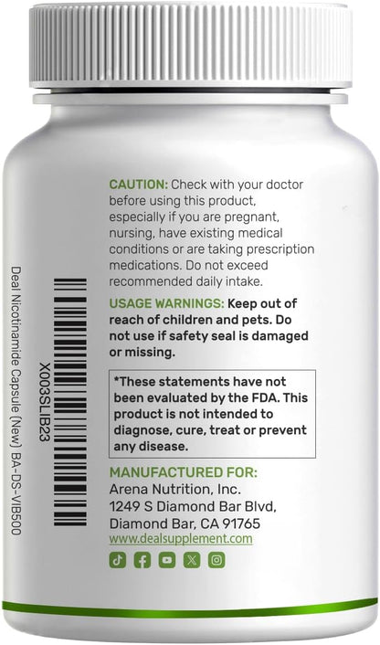 Vitamin B3 Nicotinamide 1,000mg Per Serving – 500 Capsules, Flush Free Niacin, Essential B3 – Supports Healthy Skin & Energy Production – Non-GMO