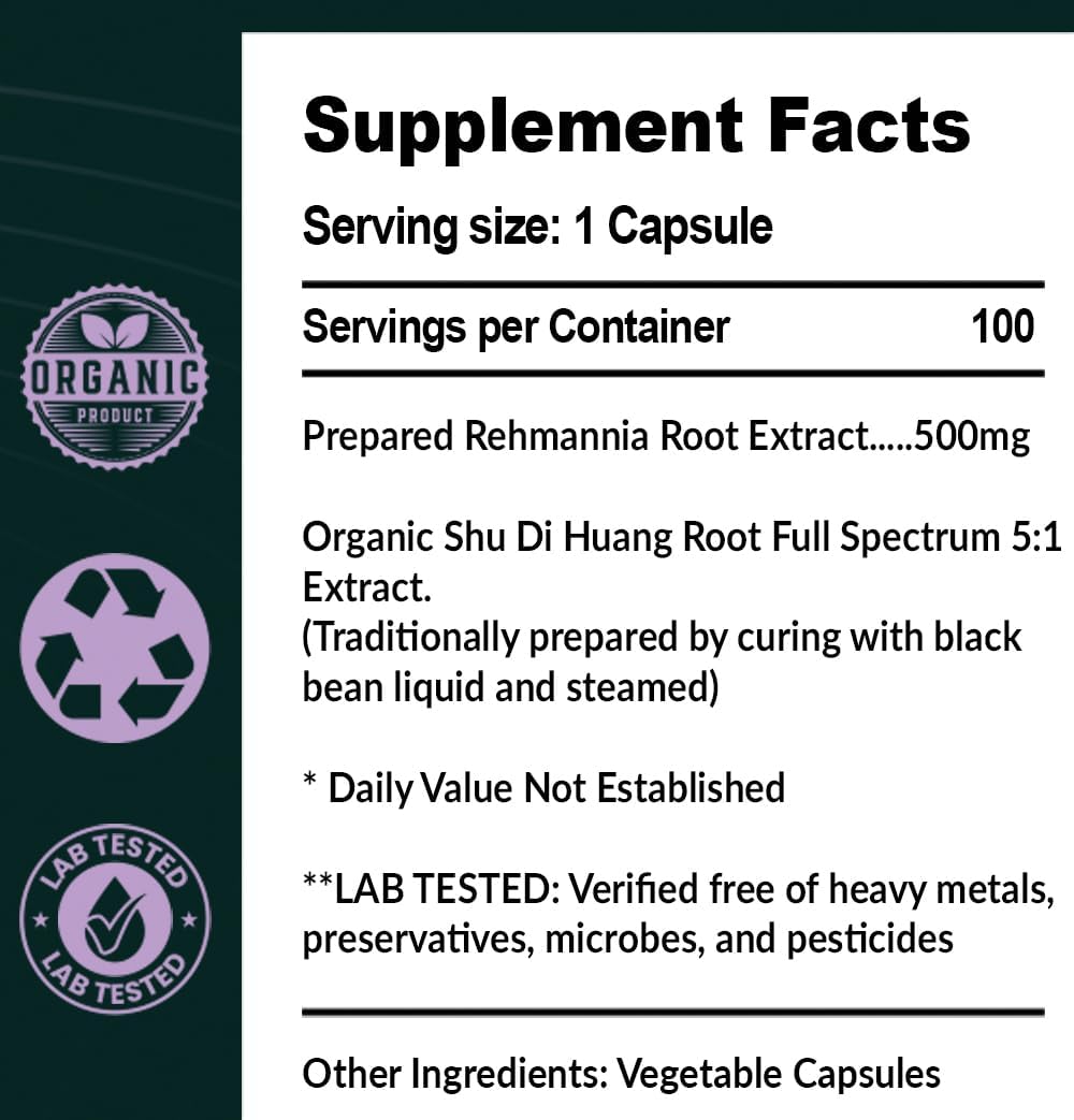 Prepared Rehmannia Root Capsules (Shu Di Huang)- 5:1 Organic Extract- High Potency Adrenal & Kidney Yin Tonic- Supports Menopause, Sleep & Vitality- Non-GMO Vegan, 500mg