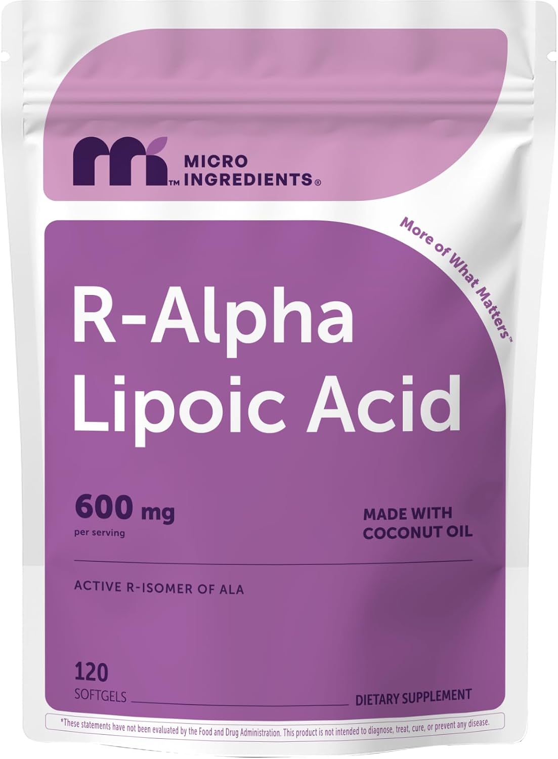 Micro Ingredients R Alpha Lipoic Acid 600 mg Per Serving, 120 Softgels | Active R-Isomer with Coconut Oil | ALA Supplement | Non-GMO, Gluten Free, No Soy