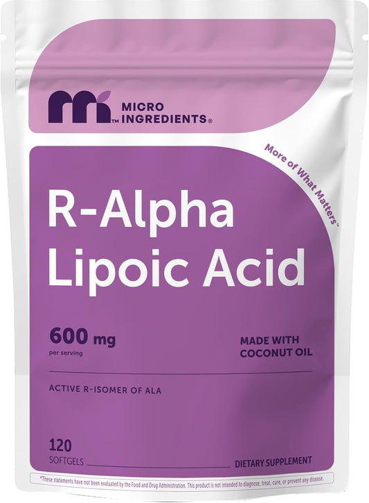 Micro Ingredients R Alpha Lipoic Acid 600 mg Per Serving, 120 Softgels | Active R-Isomer with Coconut Oil | ALA Supplement | Non-GMO, Gluten Free, No Soy