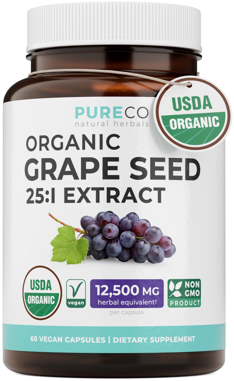 PURE CO USDA Organic Grape Seed Extract - High Potency 25:1 Grapeseed Supplement with 12,500mg Herbal Equivalent Strength - Antioxidant Support - Vegan & Non-GMO (4 Month Supply)