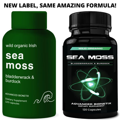 Advanced Bionetix Organic Irish Sea Moss Capsules, Raw Wildcrafted Seamoss Enhanced w/Bladderwrack & Burdock Root Capsules 120 Total Pills Antioxidant Packed. Prebiotic Superfood, Thyroid Support