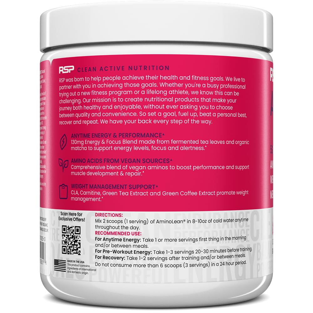 AminoLean Pre Workout Powder & Natural Amino Energy with Vegan BCAA + EAA | Jitter-Free Preworkout Energy from Green Tea + Amino Acids & Weight Management for Women & Men - Vegan, Zero Sugar, No Crash