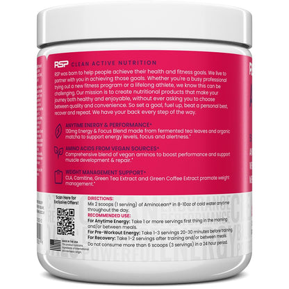 AminoLean Pre Workout Powder & Natural Amino Energy with Vegan BCAA + EAA | Jitter-Free Preworkout Energy from Green Tea + Amino Acids & Weight Management for Women & Men - Vegan, Zero Sugar, No Crash