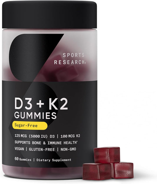 Sports Research® Vegan Vitamin D3 + K2 Sugar-Free Gummies - 125mcg (5000iu) Vitamin D w/ 100mcg Mk7 Vitamin K - Supports Bone & Immune Health* - Vegan Certified · Non-GMO · Soy Free - 60 Count