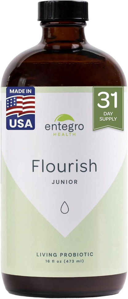 ENTEGRO Flourish Junior Liquid Probiotic & Postbiotic Supplement, Plastic | 11 Live Cultures, Gut & Digestive Health For Women, Men & Kids, Organic, Vegan, Allergen Free, Non-GMO, USA Made, 16 fl oz
