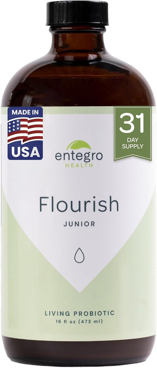 ENTEGRO Flourish Junior Liquid Probiotic & Postbiotic Supplement, Plastic | 11 Live Cultures, Gut & Digestive Health For Women, Men & Kids, Organic, Vegan, Allergen Free, Non-GMO, USA Made, 16 fl oz