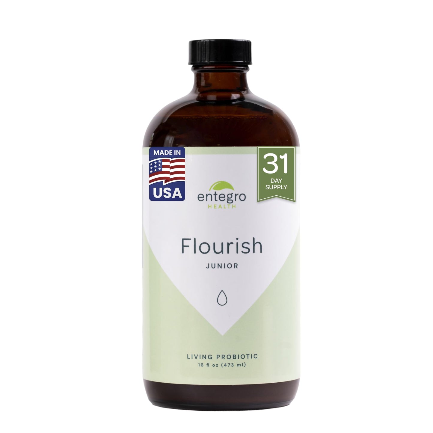 ENTEGRO Flourish Junior Liquid Probiotic & Postbiotic Supplement, Plastic | 11 Live Cultures, Gut & Digestive Health For Women, Men & Kids, Organic, Vegan, Allergen Free, Non-GMO, USA Made, 16 fl oz