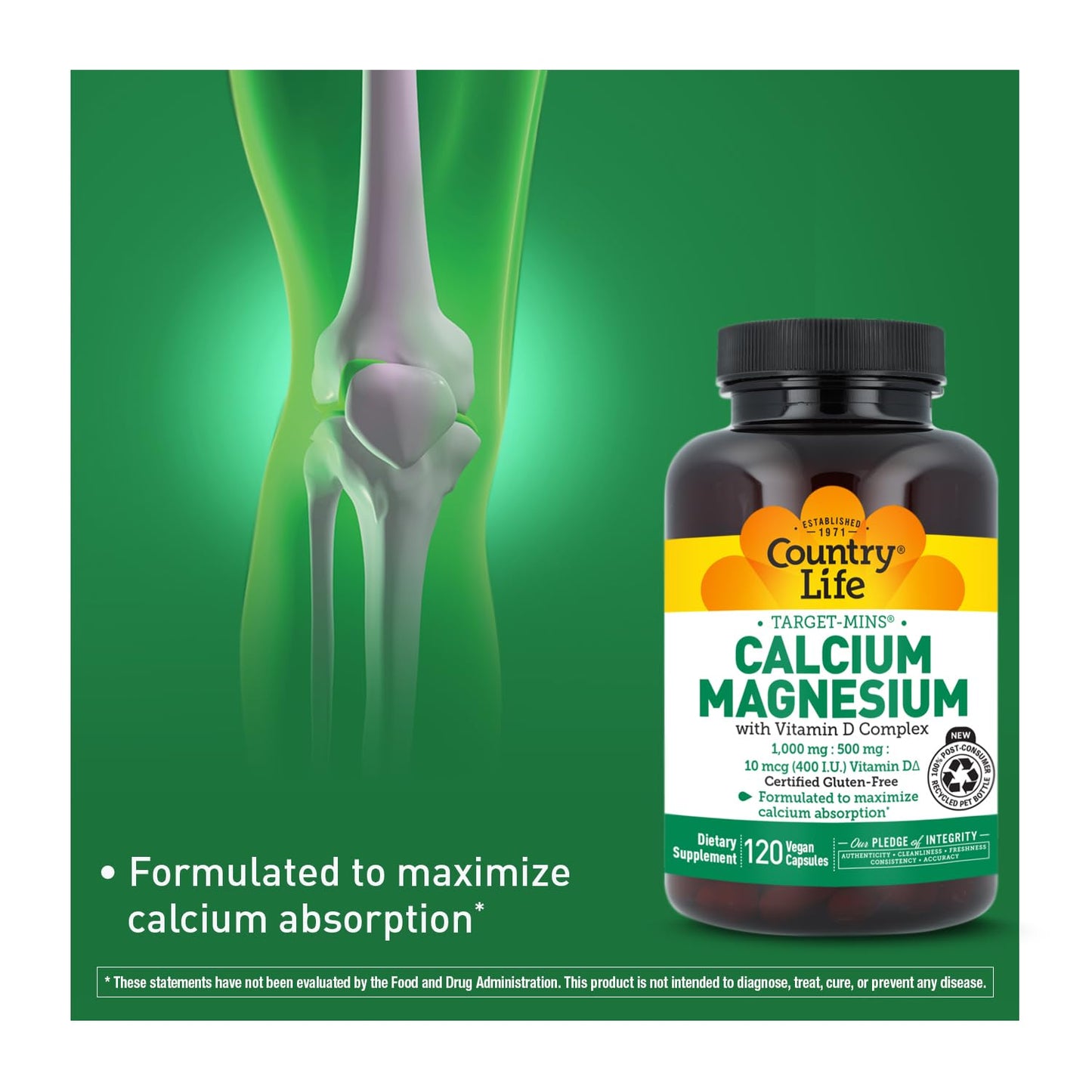 Country Life Target-Mins Calcium Magnesium with Vitamin D-Complex, 1000mg/500mg/10mcg, 240 Vegan Capsules, Certified Gluten Free, Certified Vegan
