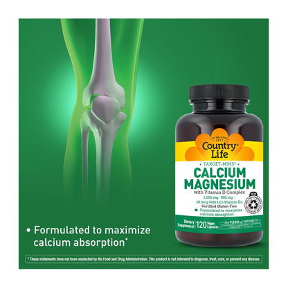 Country Life Target-Mins Calcium Magnesium with Vitamin D-Complex, 1000mg/500mg/10mcg, 240 Vegan Capsules, Certified Gluten Free, Certified Vegan