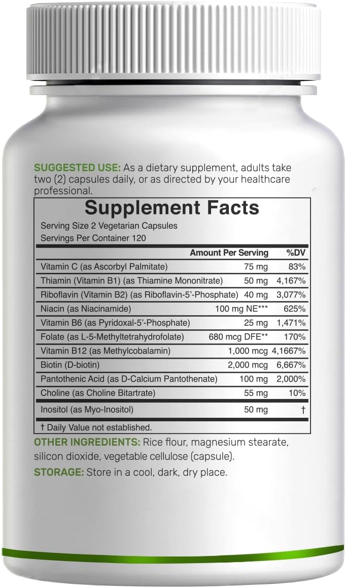 Bioactive Vitamin B Complex for Men & Women, 240 Veggie Capsules - Methylated B Complex & Esterified Vitamin C – High Potency & Easy Absorption – Immune, Energy & Metabolism Supplement – Non-GMO