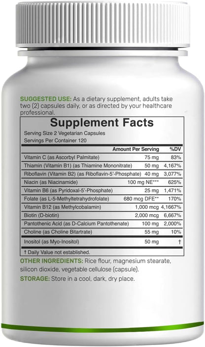 Bioactive Vitamin B Complex for Men & Women, 240 Veggie Capsules - Methylated B Complex & Esterified Vitamin C – High Potency & Easy Absorption – Immune, Energy & Metabolism Supplement – Non-GMO