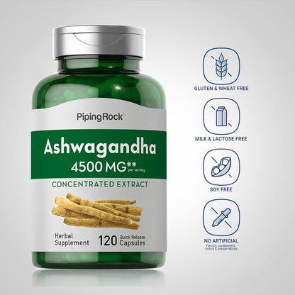 Piping Rock Ashwagandha Capsules | 120 Count | Herbal Supplement with Black Pepper Extract | for Women and Men | Non-GMO, Gluten Free