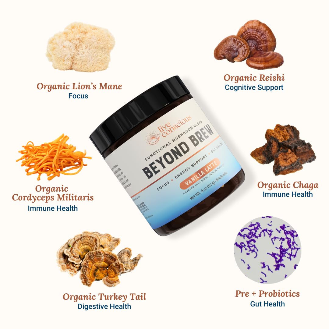 Live Conscious Beyond Brew - Coffee Alternative - Low Caffeine - Mushroom Complex w/Lion’s Mane, Reishi, Cordyceps & Chaga for Sustained Focus, Energy & Immunity - w/Prebiotics & Probiotics - 30