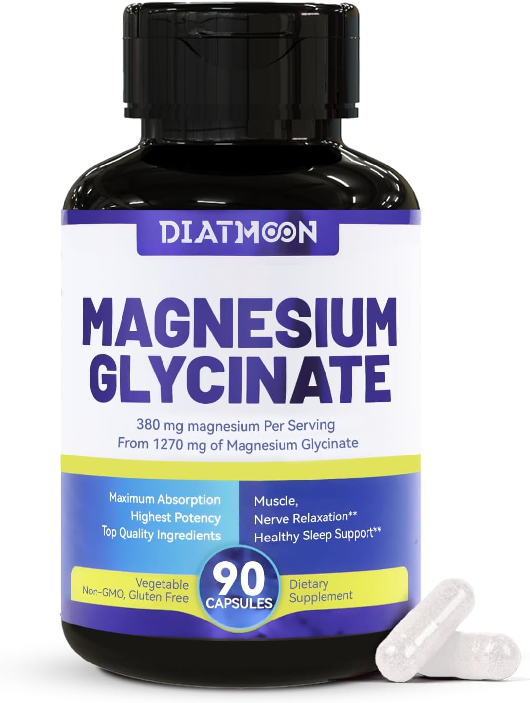 Magnesium Glycinate Capsules 380mg Organic Chelated Vegan 90 Counts GMP | Gentle & Efficient Absorption, Support Sleep Muscle Bone Heart Health, Stress Relief, Filler Free, Non GMO, Gluten Free