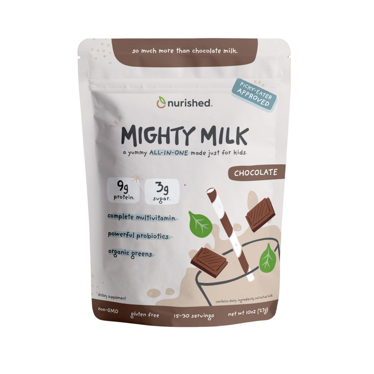 Nurished Mighty Chocolate Milk - Kids Daily Protein Powder Boosted with 2 Billion 
