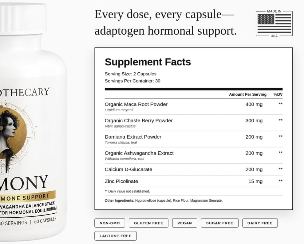 Harmony Menopause Support for Peri + Meno + Post - Mood, Energy, Stress, Hot Flashes, Night Sweats, Sleep & Cortisol - Vitex 300mg Maca Root 400mg Ashwagandha - 60 Count